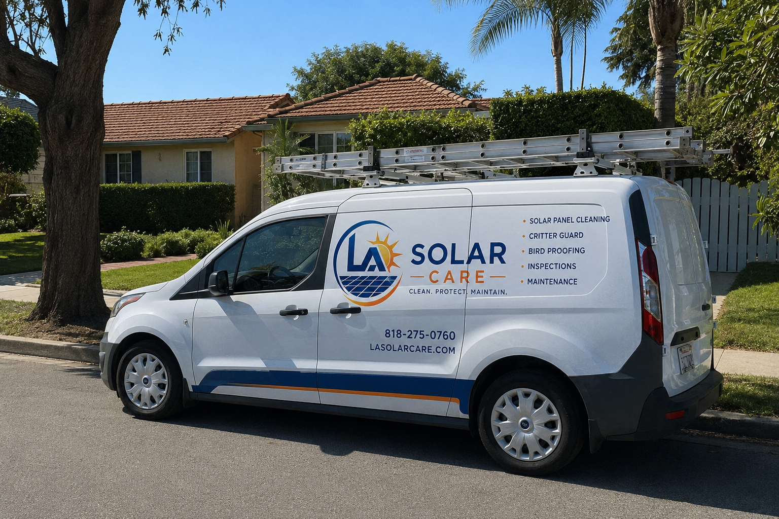 LA Solar Care service van parked at a residential home