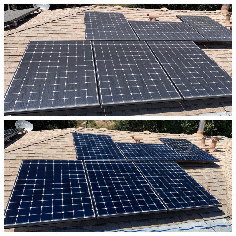Before-and-after of dirty solar panels restored to like-new