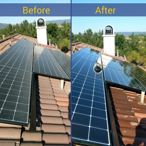 Before and after solar panel cleaning on a tile roof