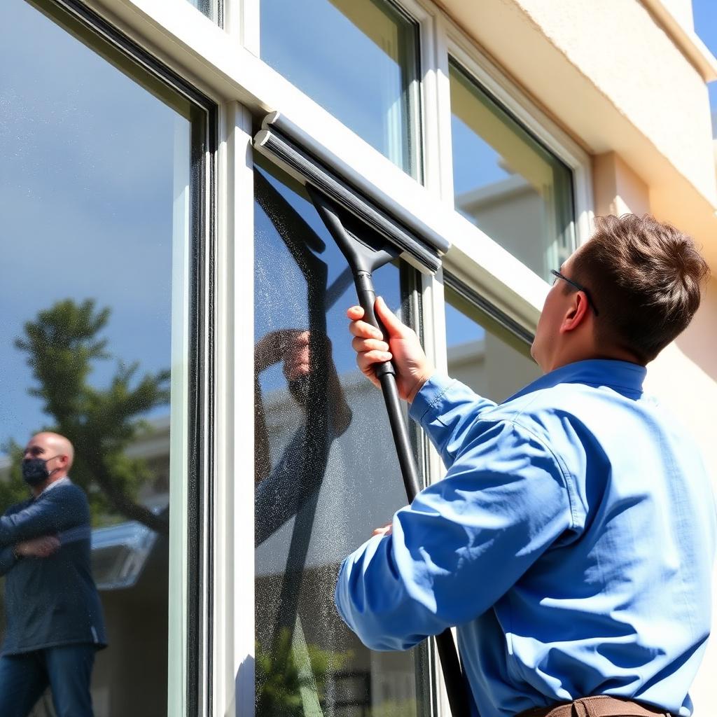 Professional window cleaner squeegeeing a residential window
